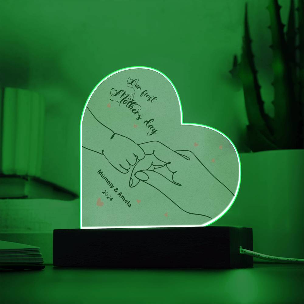 Nuestro primer Día de la Madre: placa acrílica personalizada con forma de corazón