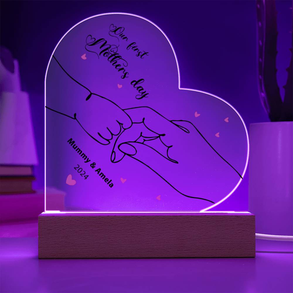 Nuestro primer Día de la Madre: placa acrílica personalizada con forma de corazón