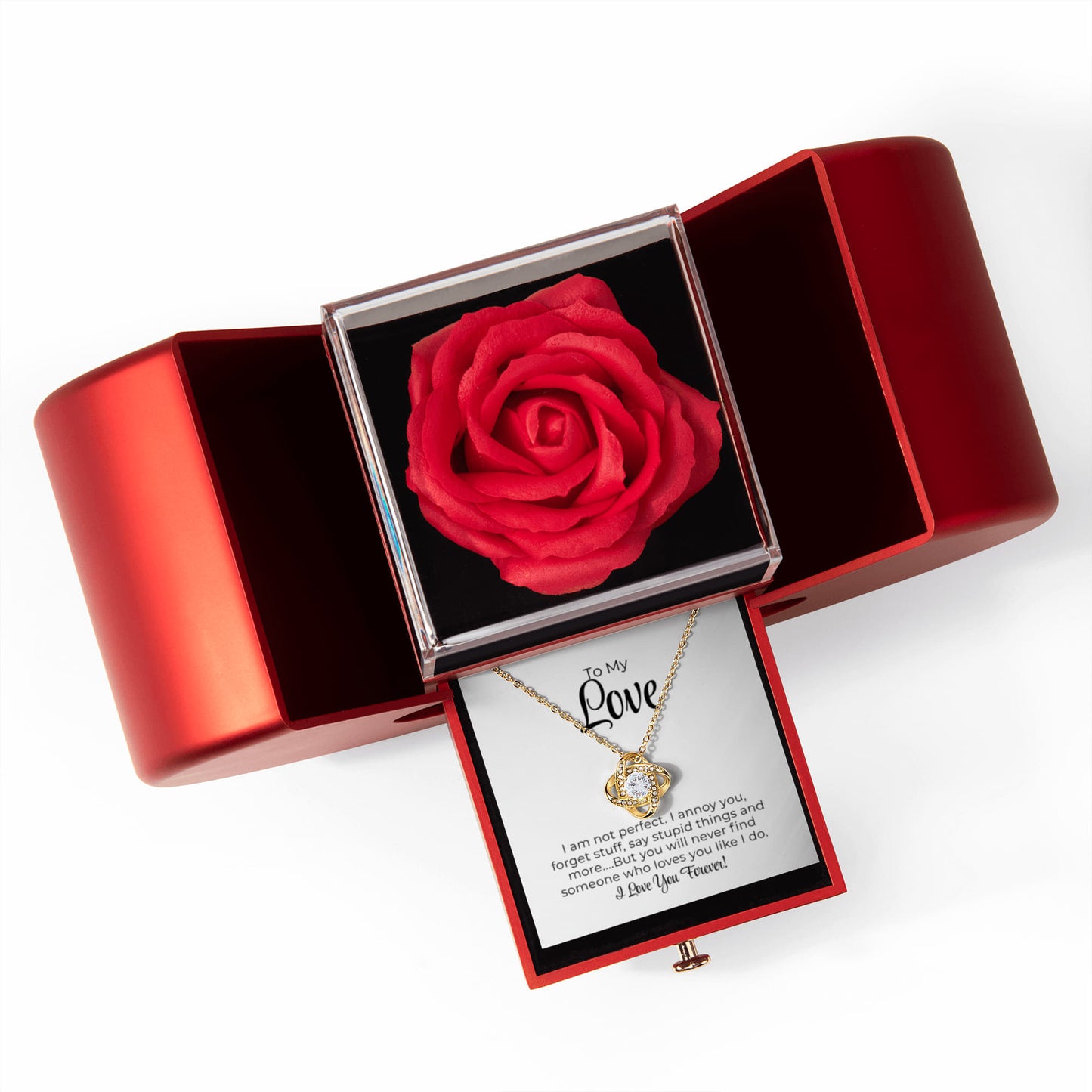 To My Love - I Am Not Perfect - Love Knot Necklace with Red Heart Rose Box