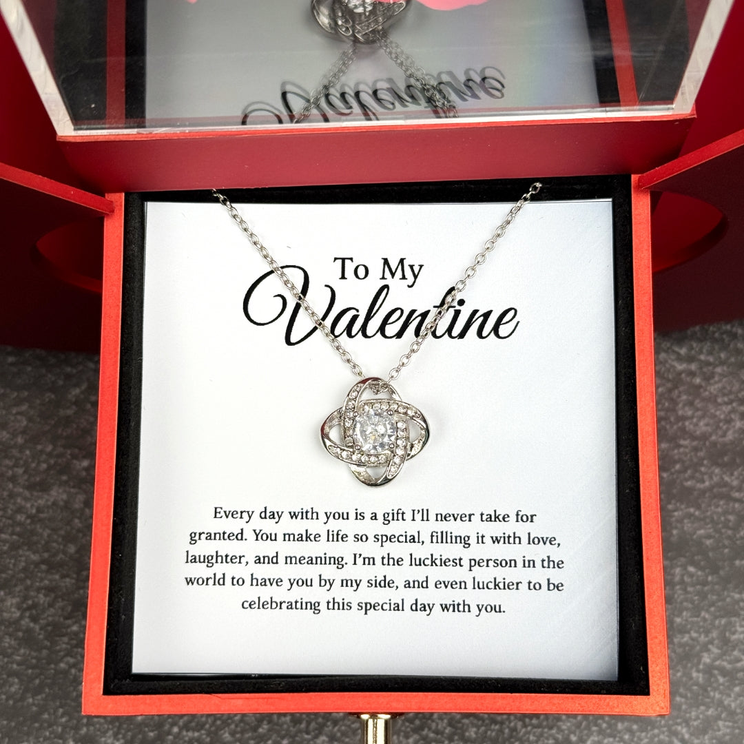 To My Valentine - Love Knot Necklace with Red Heart Rose Box