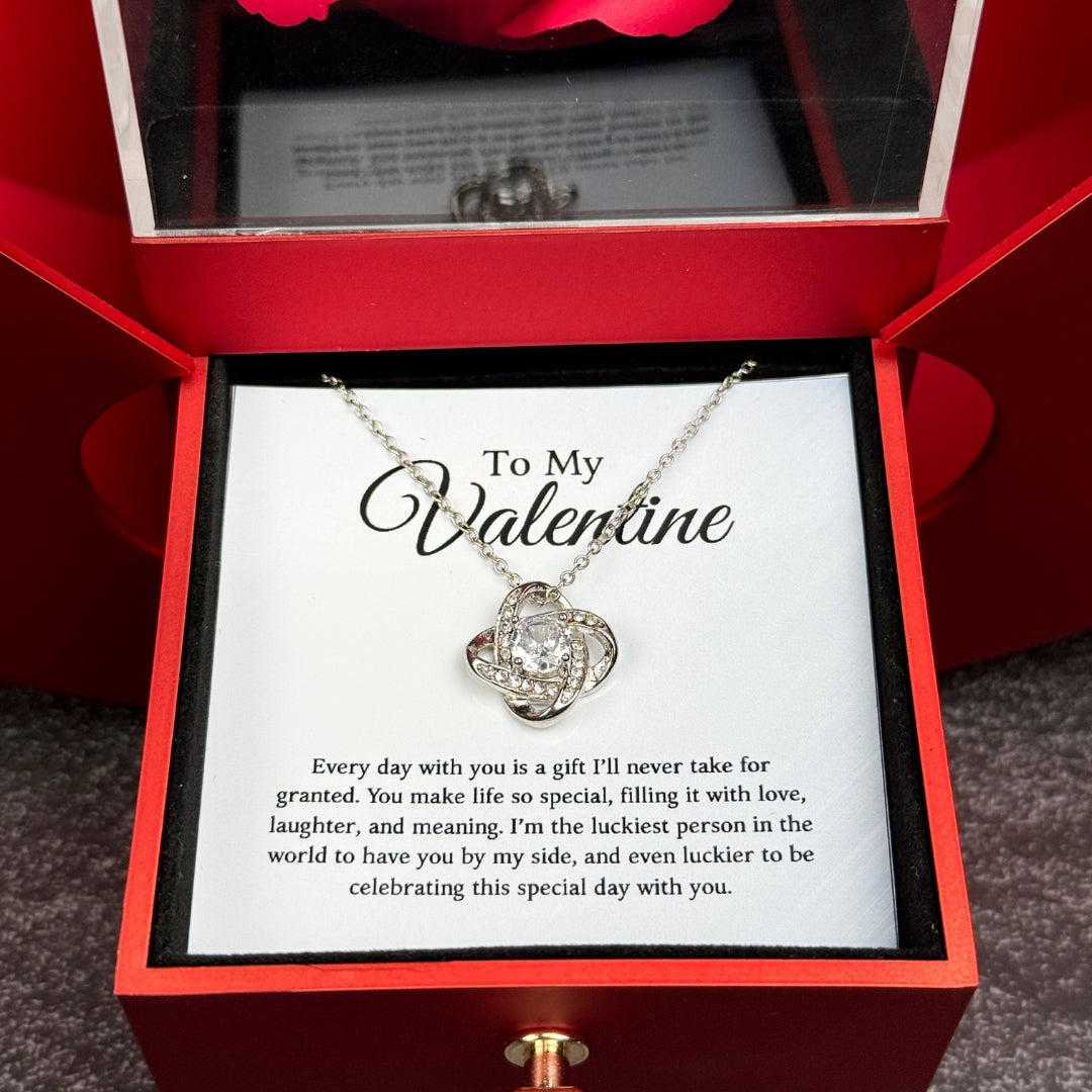 To My Valentine - Love Knot Necklace with Red Heart Rose Box