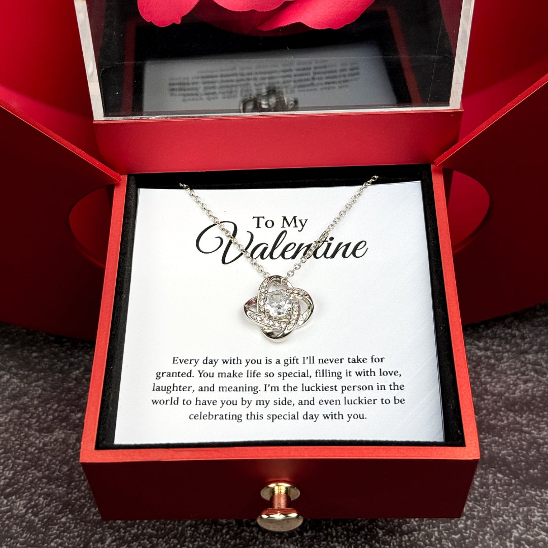 To My Valentine - Love Knot Necklace with Red Heart Rose Box