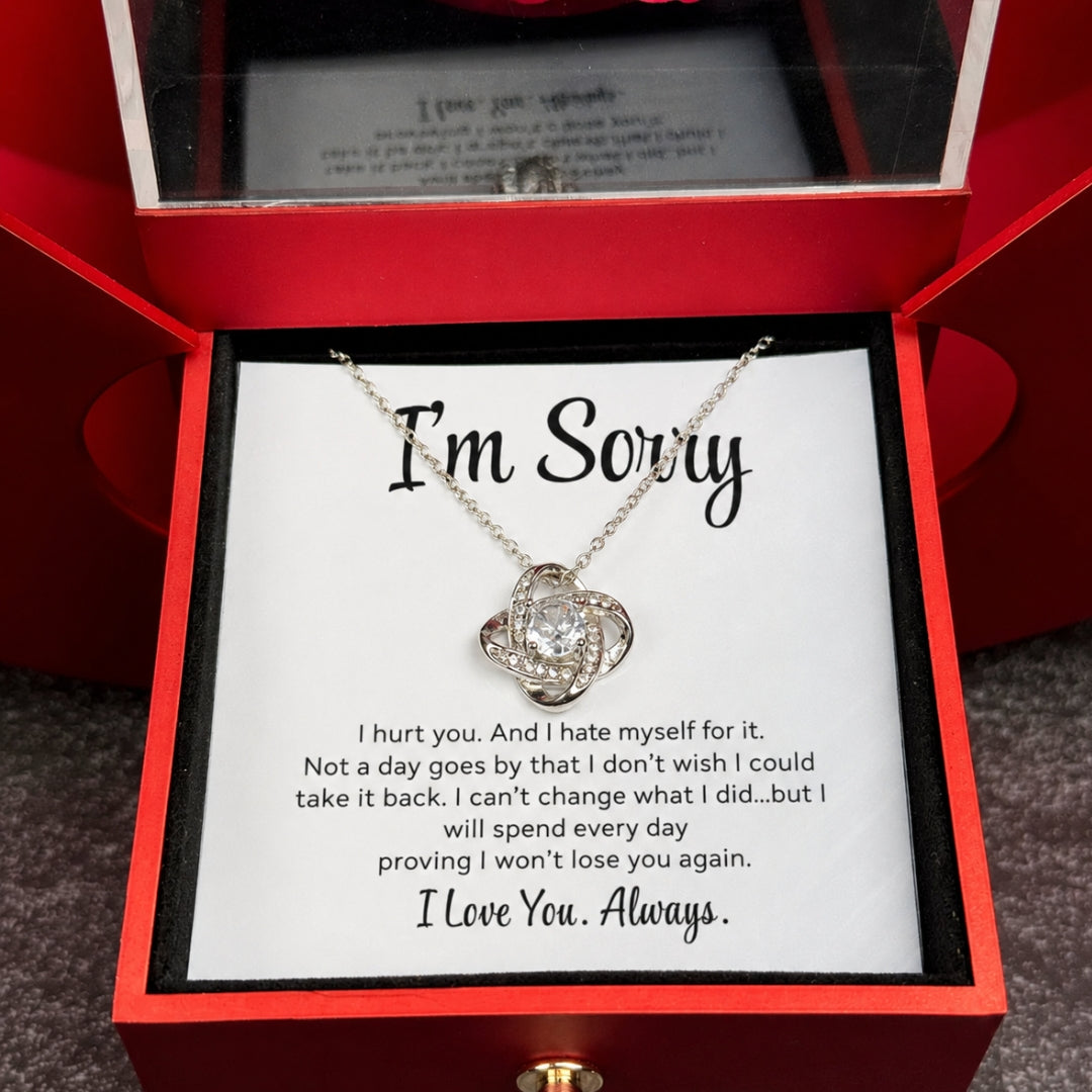 Apology Gift For Her - Love Knot Necklace with Red Heart Rose Box