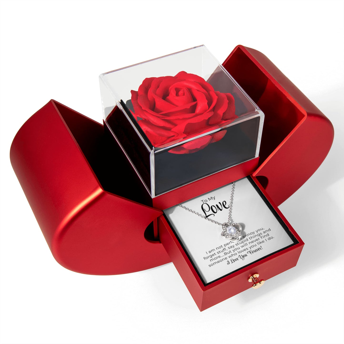 To My Love - I Am Not Perfect - Love Knot Necklace with Red Heart Rose Box