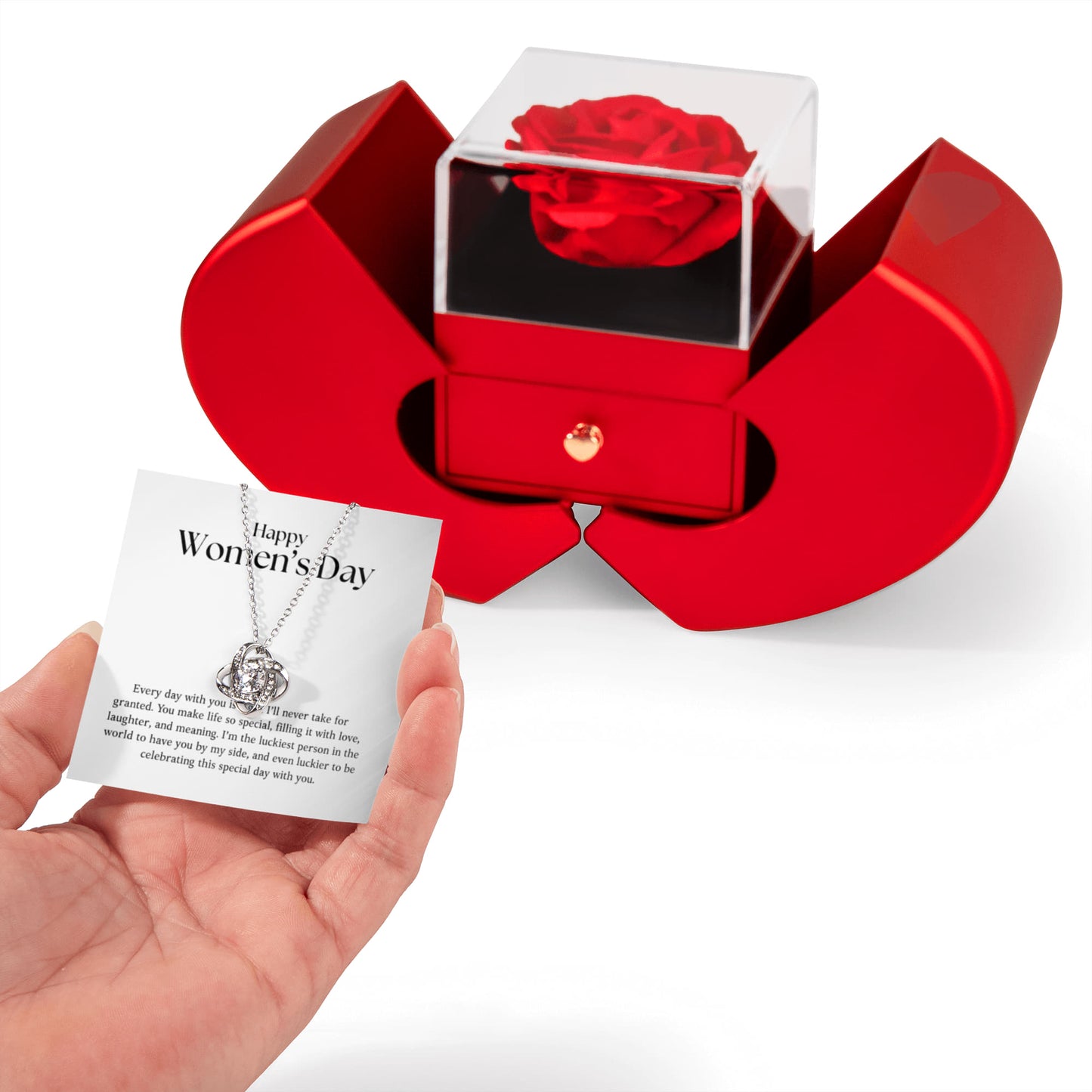 Happy Women's Day - Love Knot Necklace with Red Heart Rose Box