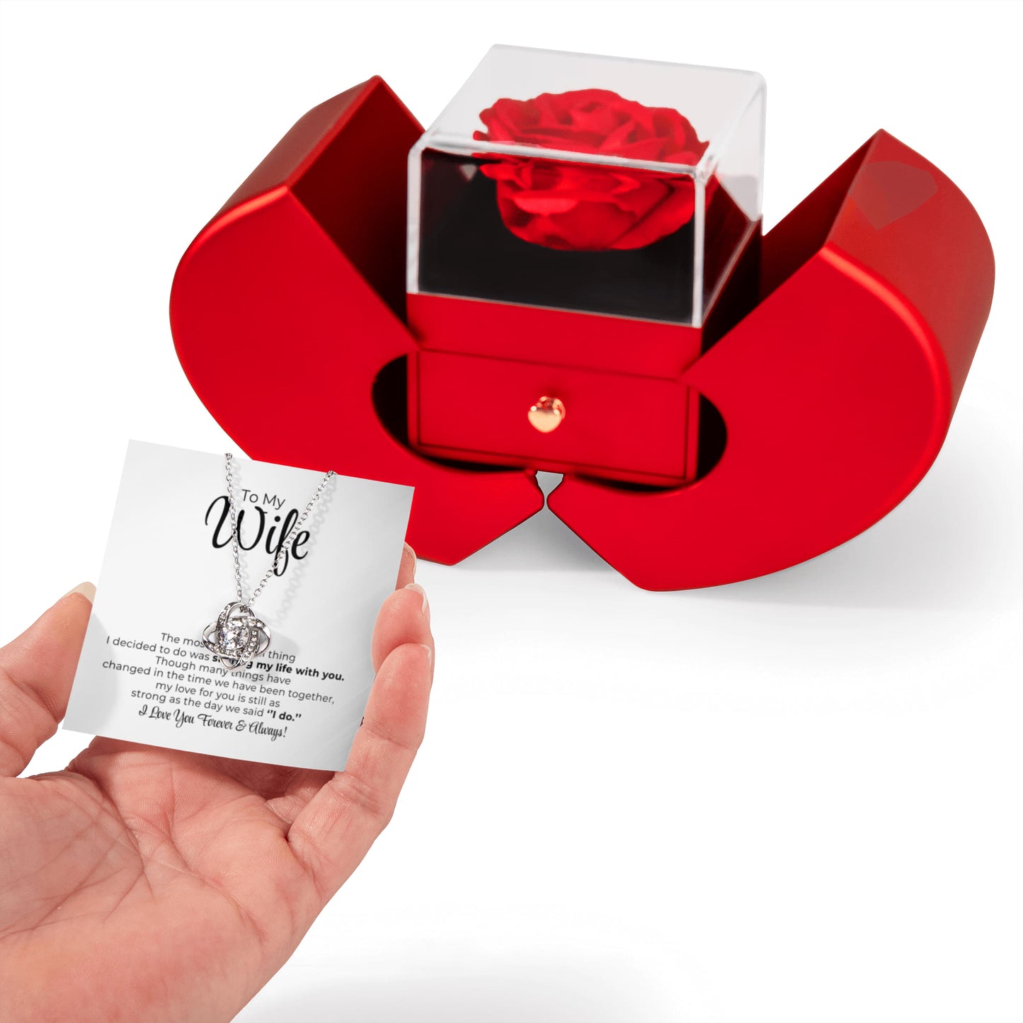 To My Wife - The Most Wonderful Thing - Love Knot Necklace with Red Heart Rose Box