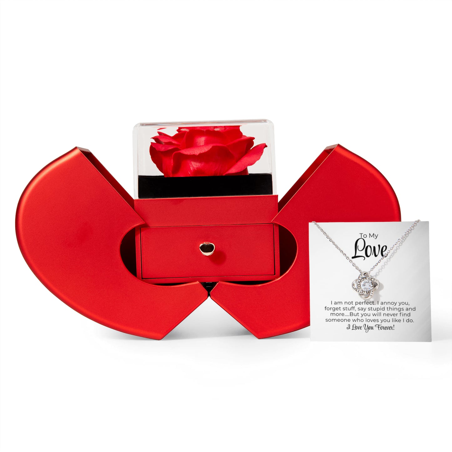 To My Love - I Am Not Perfect - Love Knot Necklace with Red Heart Rose Box