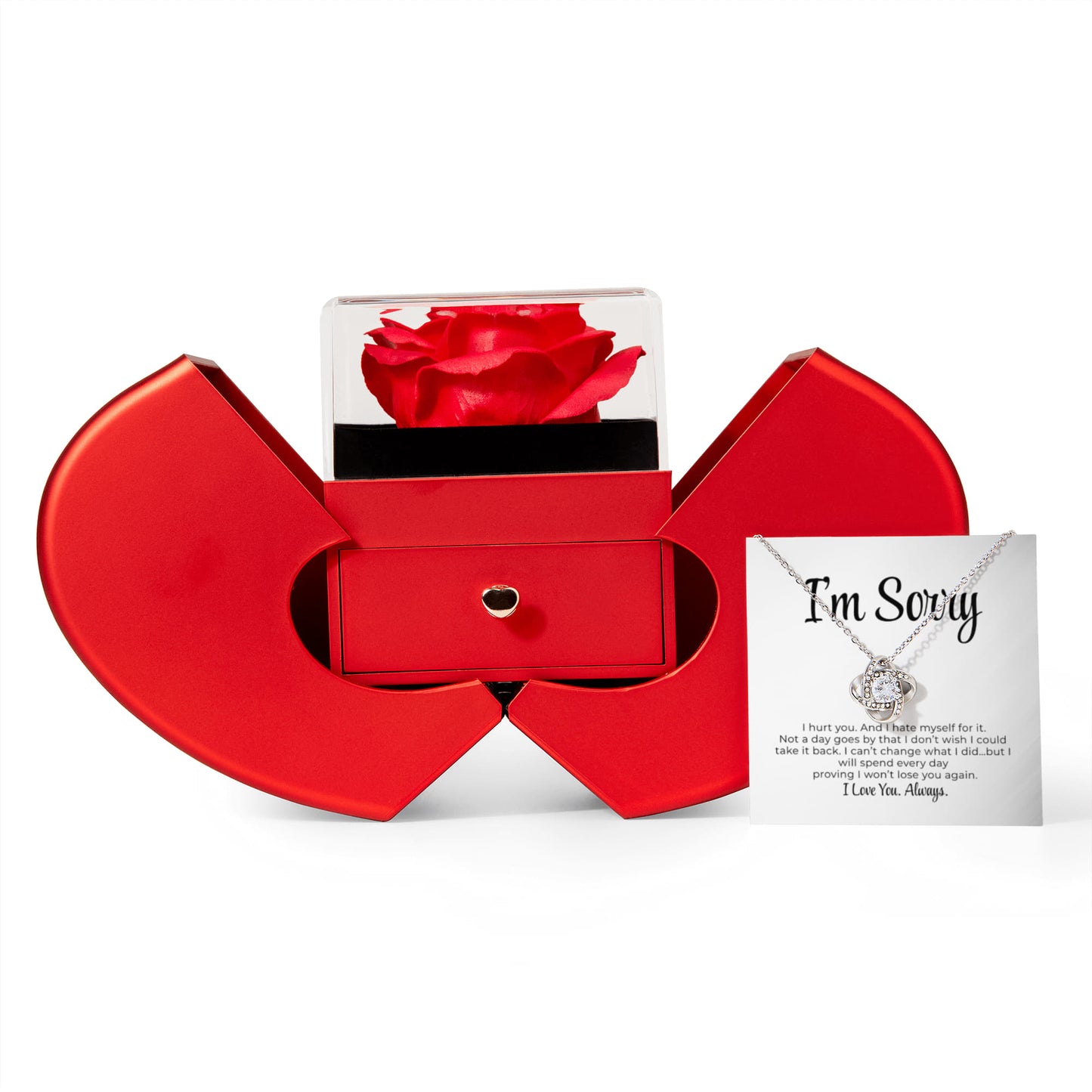Apology Gift For Her - Love Knot Necklace with Red Heart Rose Box