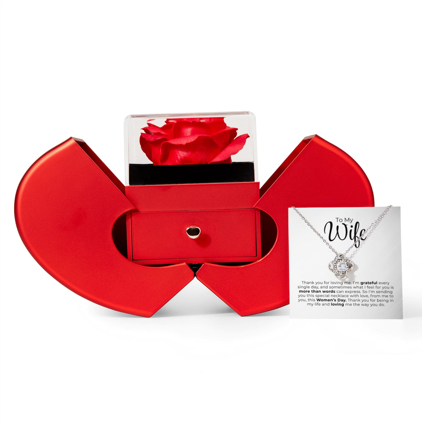 To My Wife - I'm Grateful Every Single Day - Love Knot Necklace with Red Heart Rose Box