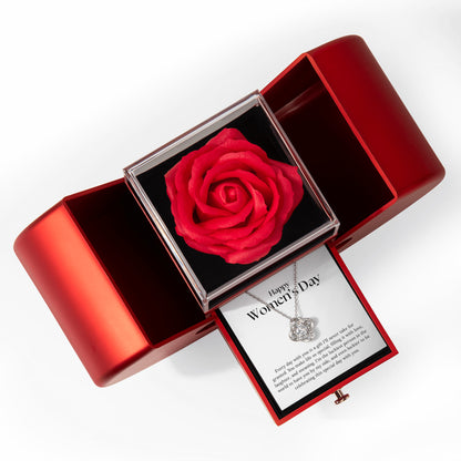 Happy Women's Day - Love Knot Necklace with Red Heart Rose Box