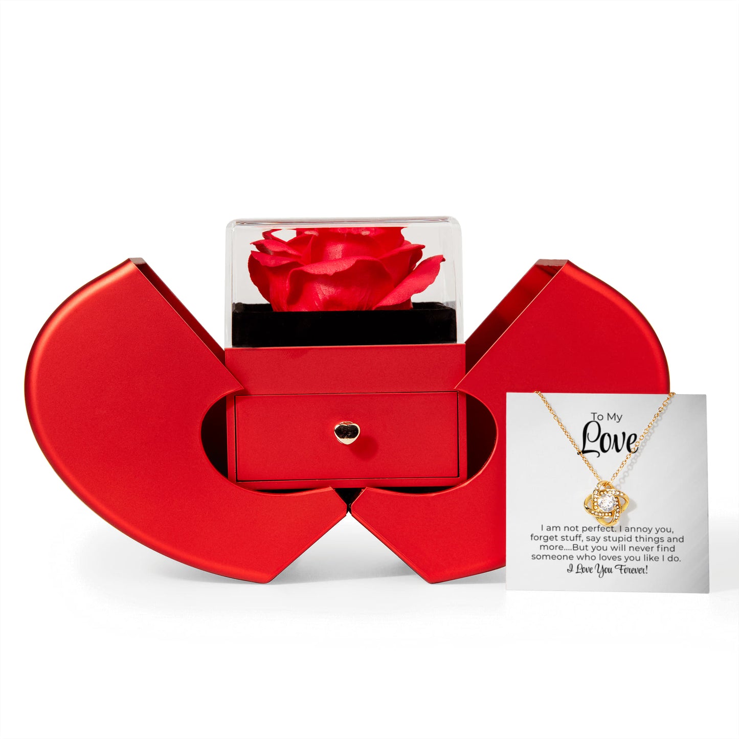 To My Love - I Am Not Perfect - Love Knot Necklace with Red Heart Rose Box