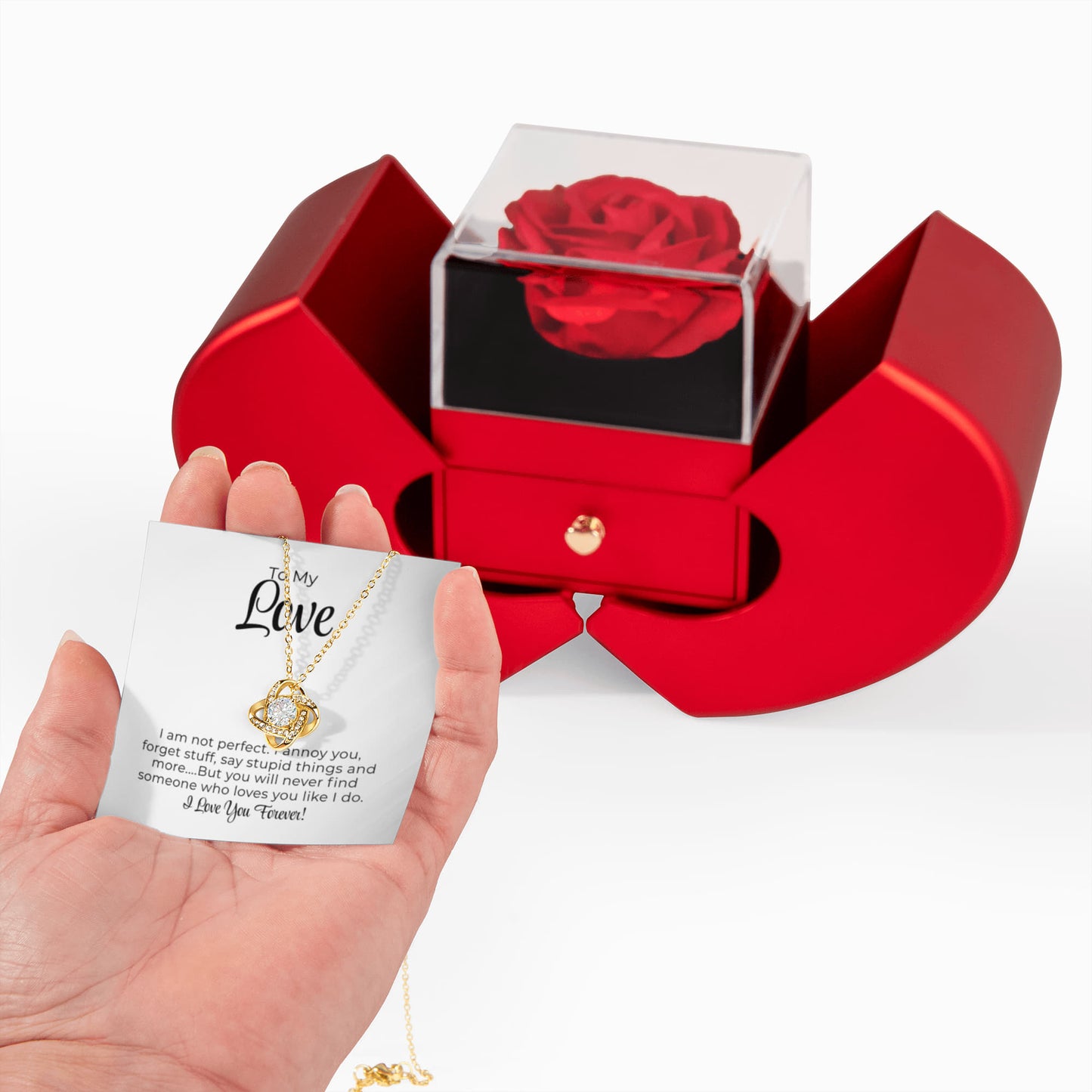 To My Love - I Am Not Perfect - Love Knot Necklace with Red Heart Rose Box