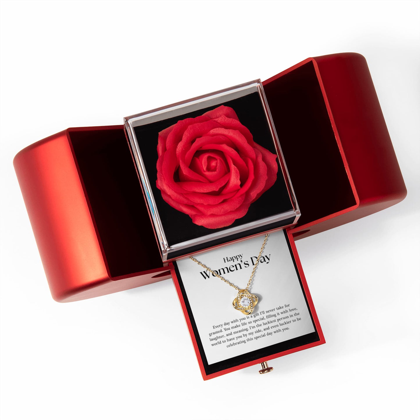 Happy Women's Day - Love Knot Necklace with Red Heart Rose Box